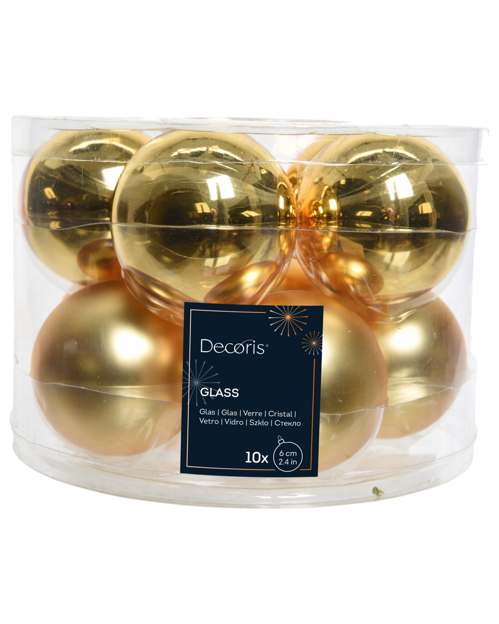 Kerstballen glas 6 cm, koker à 10, licht goud