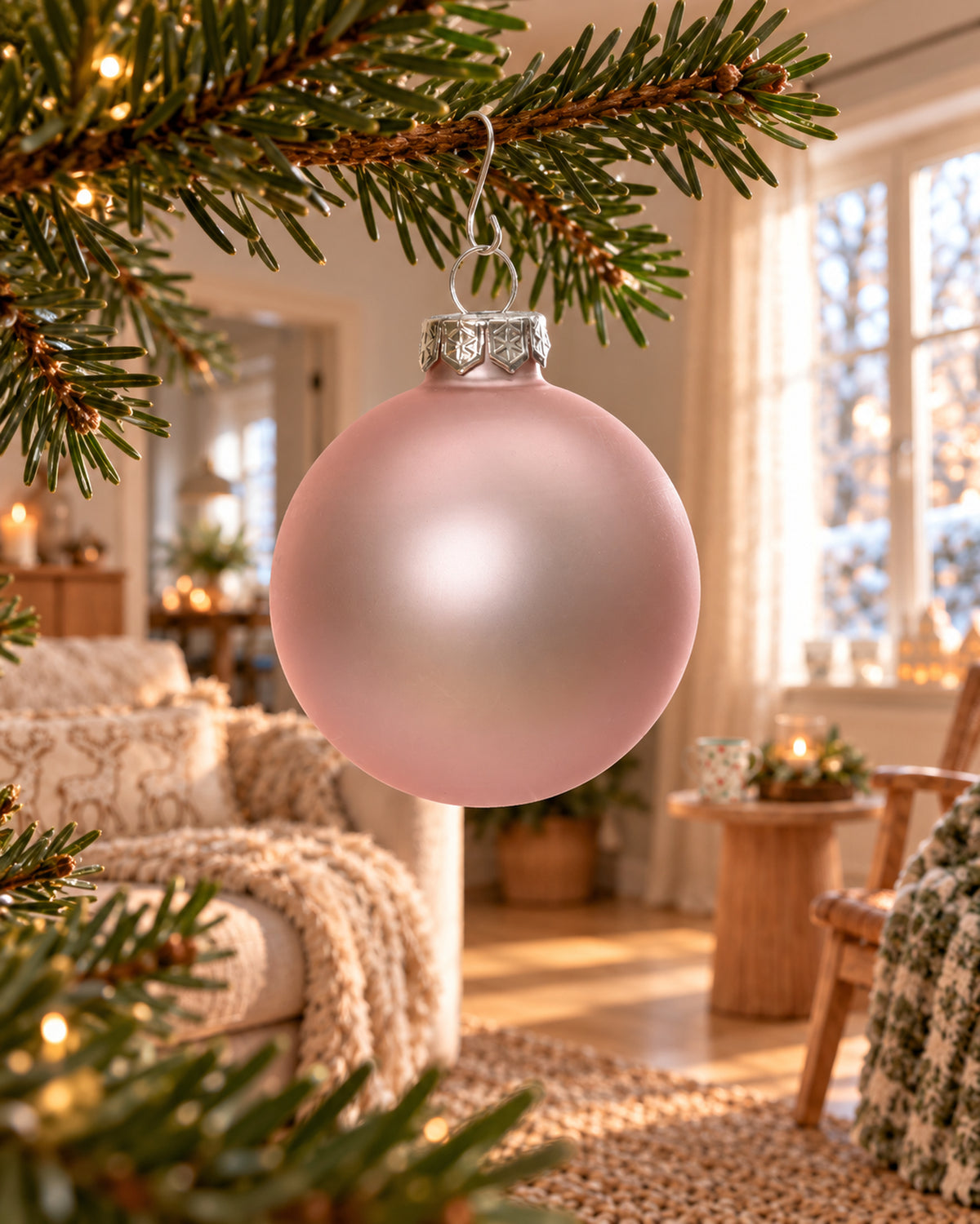 Kerstballen glas 6 cm, koker à 10, poederroze