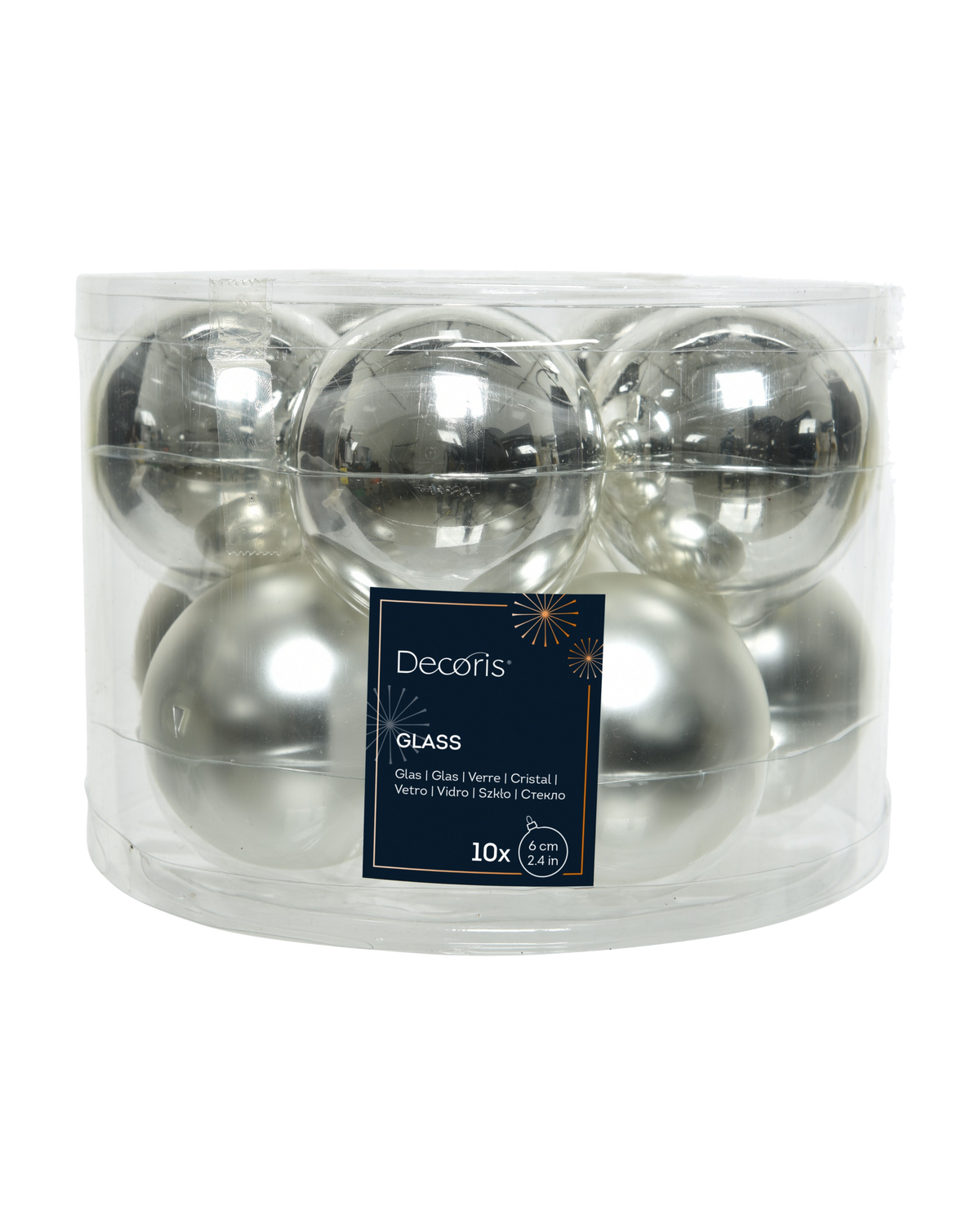 Kerstballen glas 6 cm, koker à 10, zilver