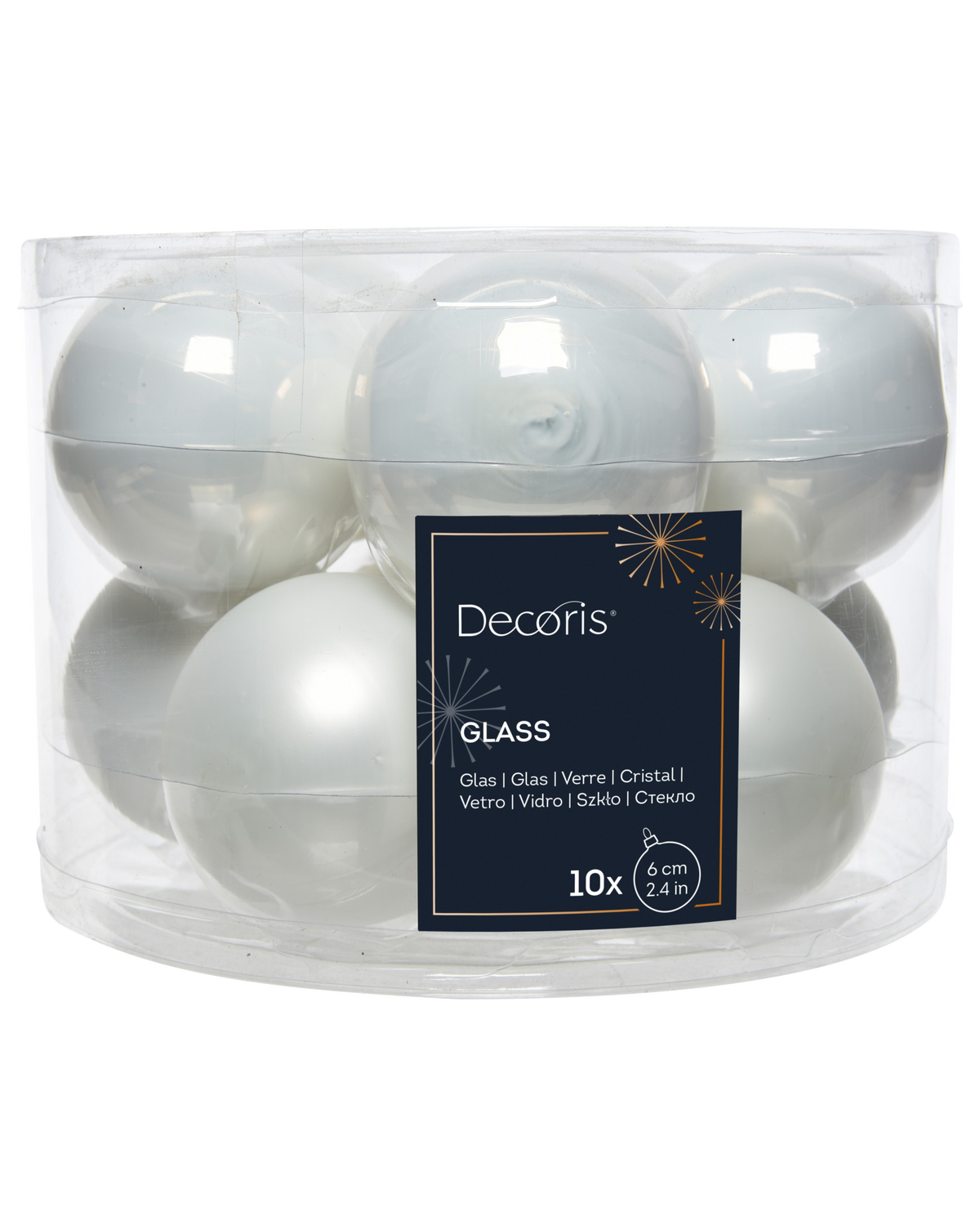 Kerstballen glas 6 cm, koker à 10, winterwit
