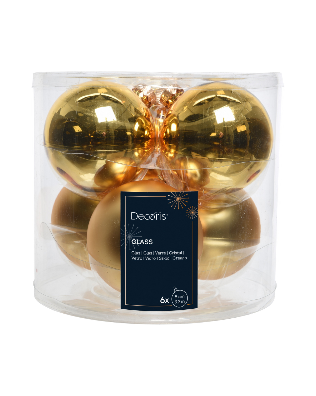 Kerstballen glas 8 cm, koker à 6, licht goud