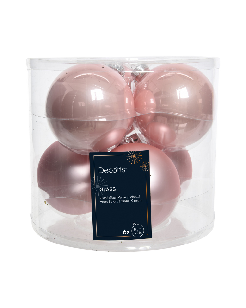 Kerstballen glas 8 cm, koker à 6, poederroze