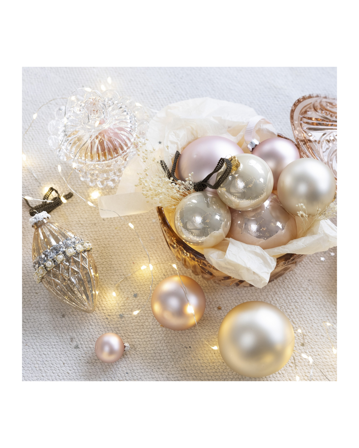 Kerstballen glas 8 cm, koker à 6, poederroze