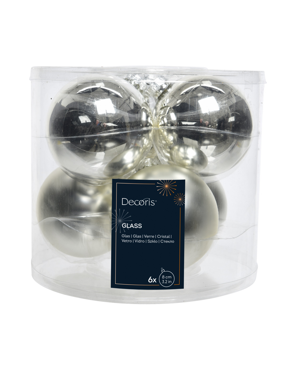 Kerstballen glas 8 cm, koker à 6, zilver