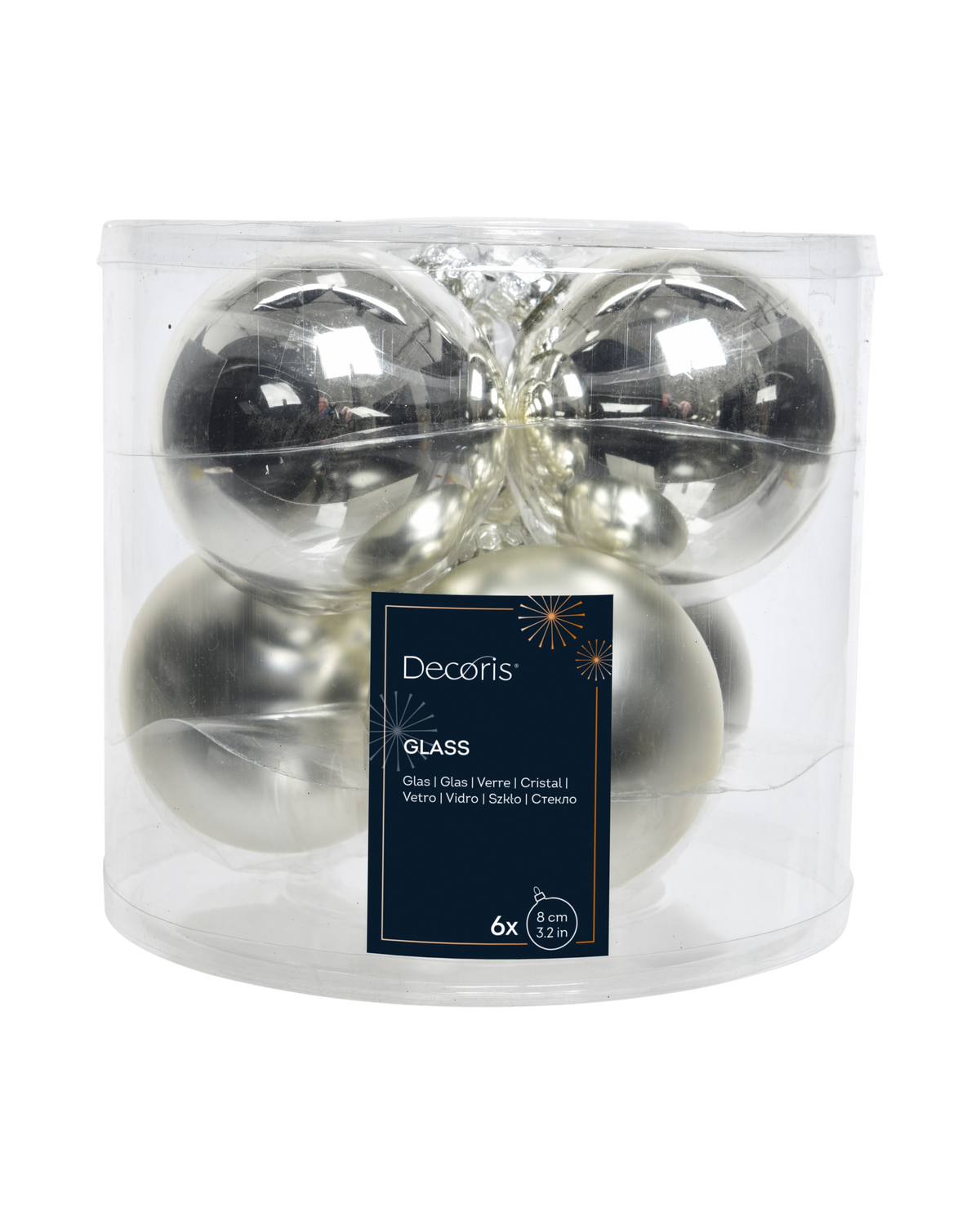 Kerstballen glas 8 cm, koker à 6, zilver