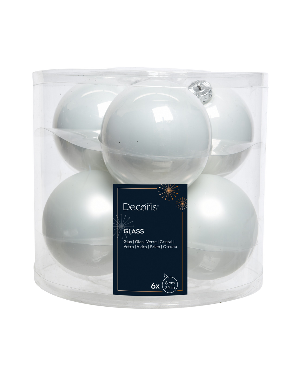 Kerstballen glas 8 cm, koker à 6, winterwit