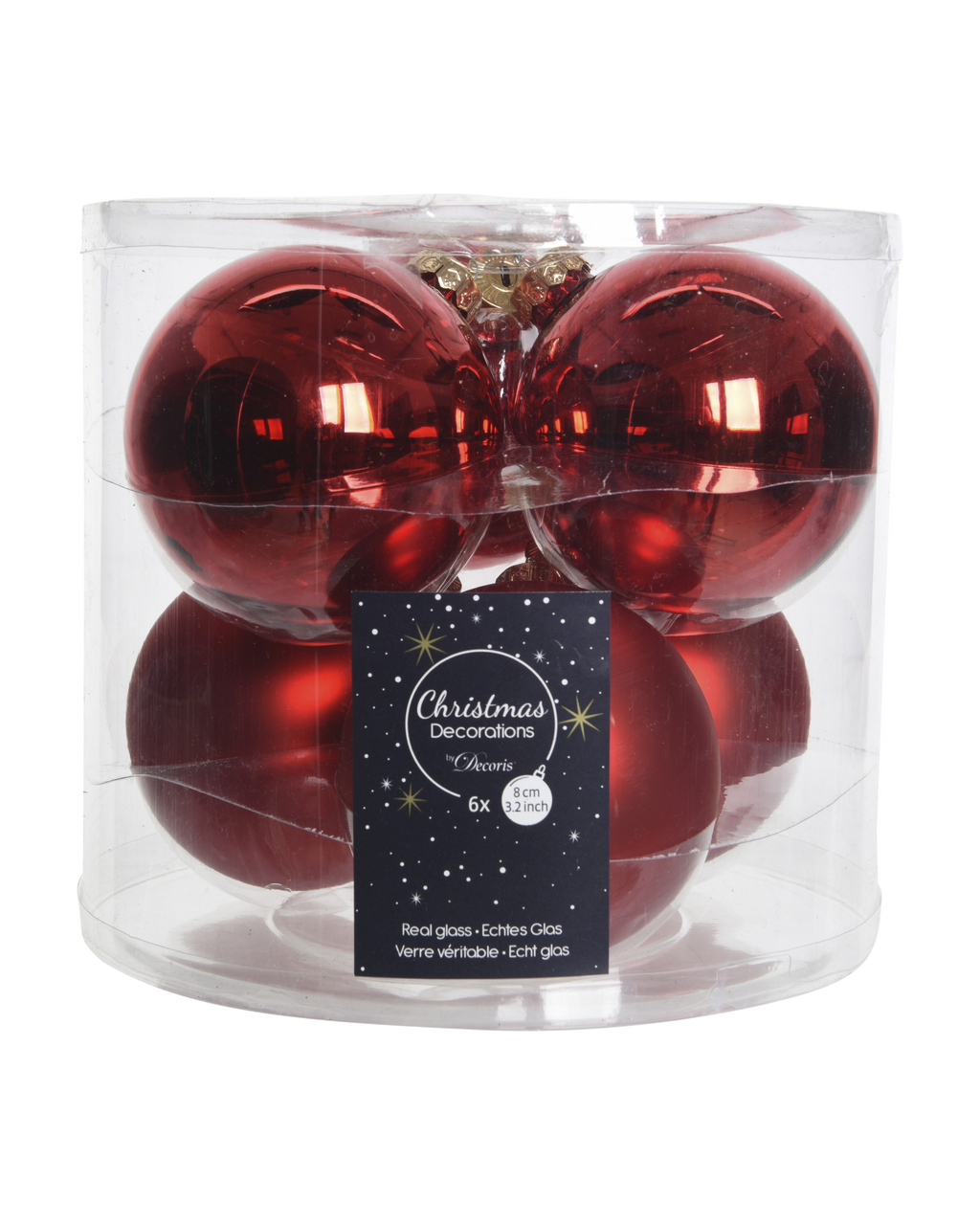 Kerstballen glas 8 cm, koker à 6, kerstrood
