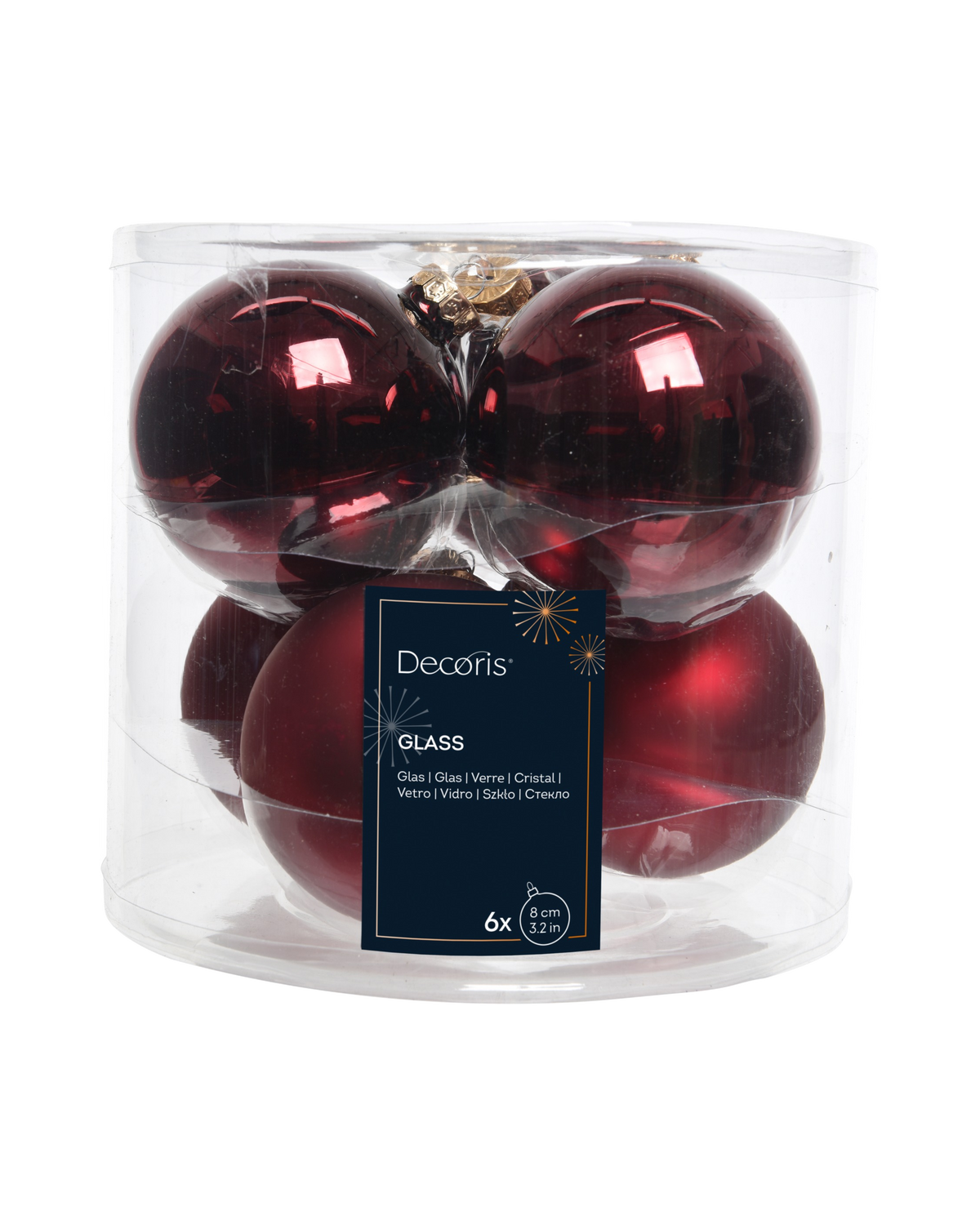 Kerstballen glas 8 cm, koker à 6, ossenbloed