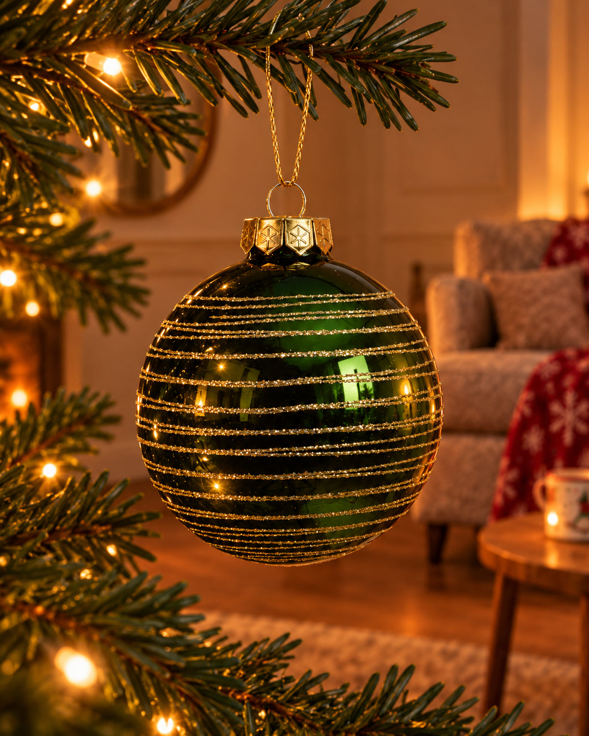 Kerstballen glas met glitterswirls, doosje à 3, dennengroen