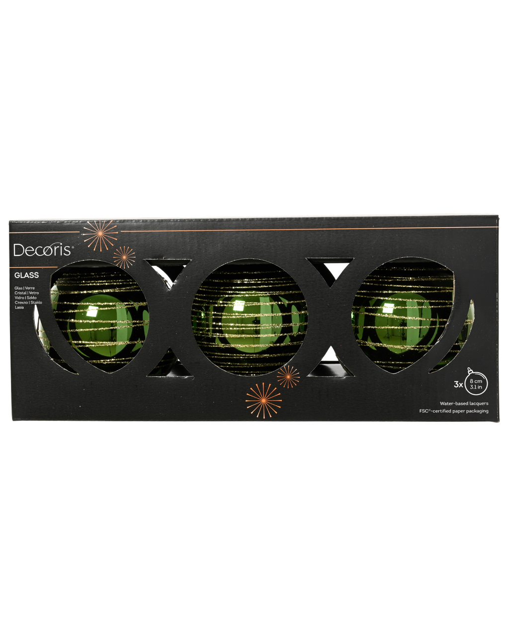 Kerstballen glas met glitterswirls, doosje à 3, dennengroen