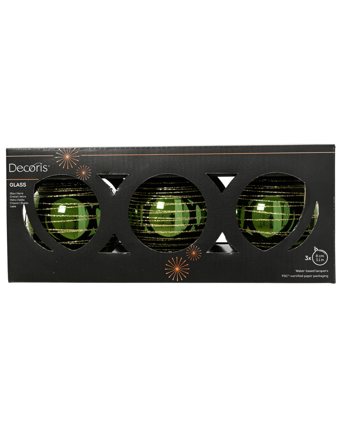 Kerstballen glas met glitterswirls, doosje à 3, dennengroen