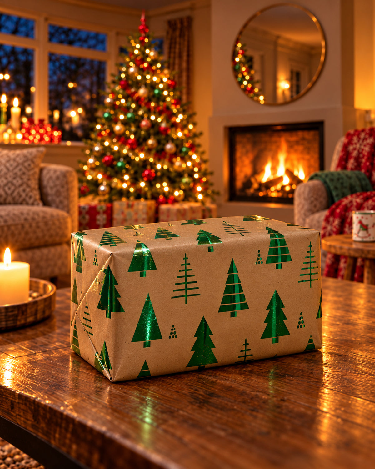 Inpakpapier kraft met hot stamp, 150 x 70 cm, groene kerstboom
