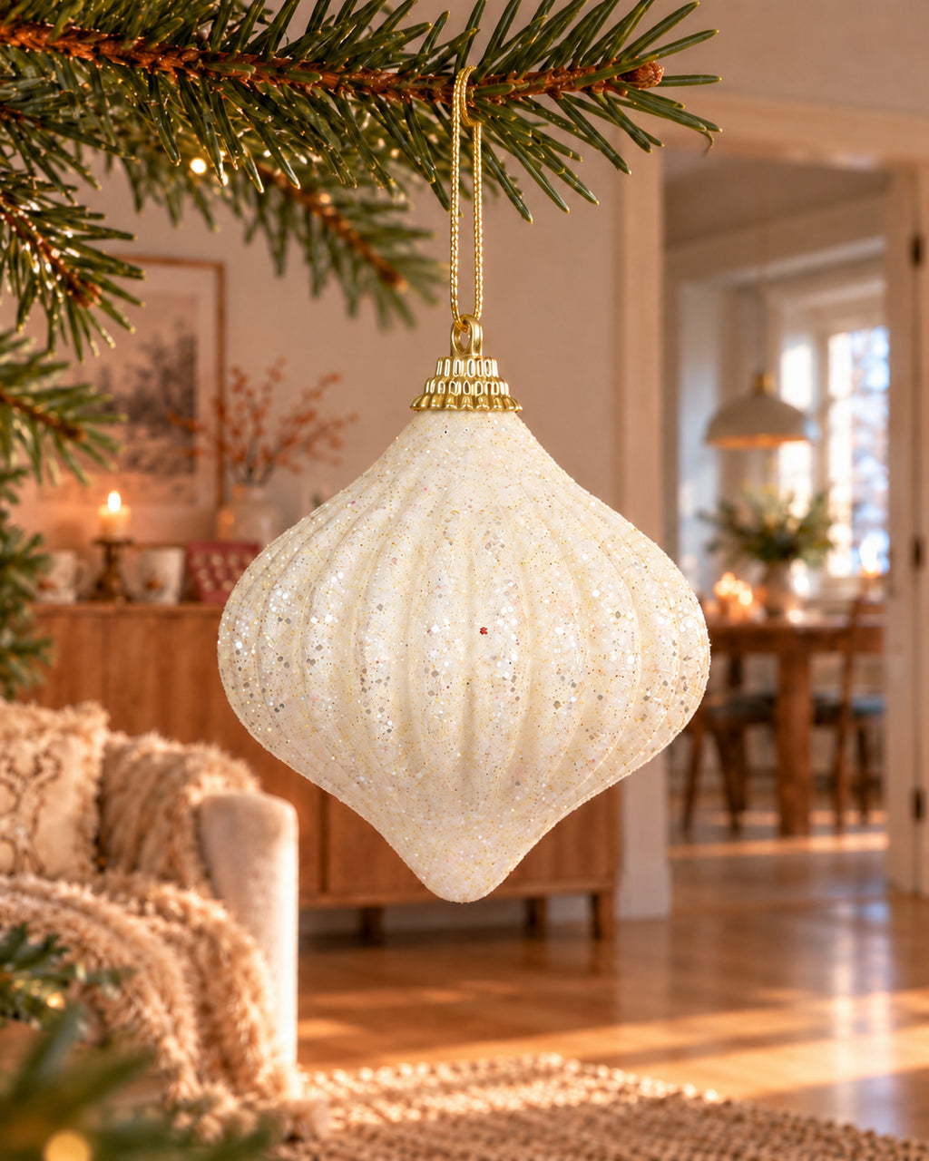 Kerstornament foam met glitter, wolwit