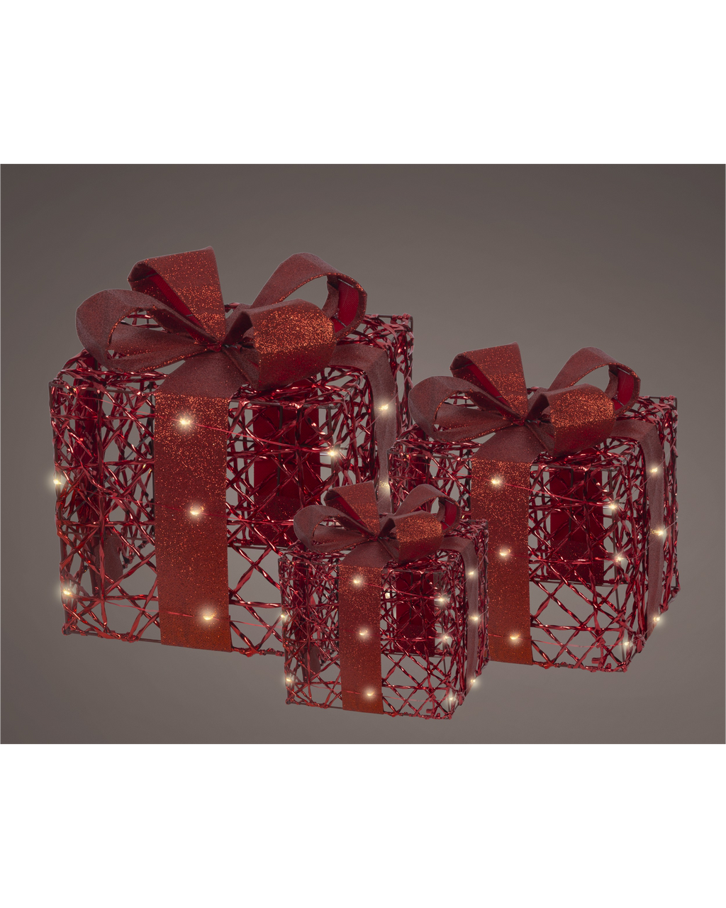 LED cadeaudoosjes metaal, set van 3, kerstrood
