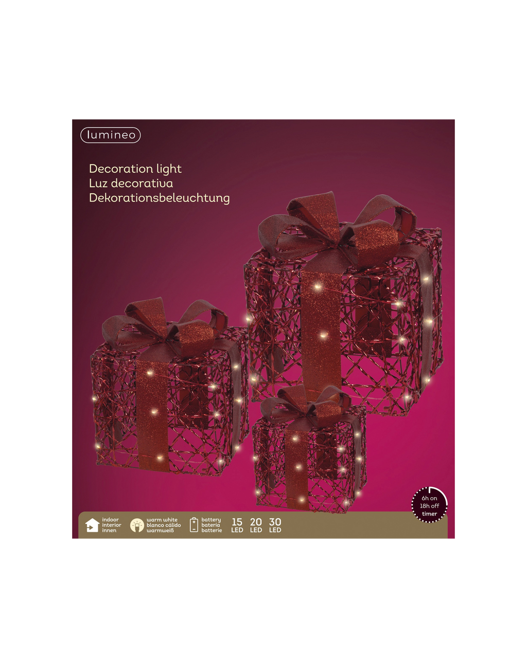 LED cadeaudoosjes metaal, set van 3, kerstrood
