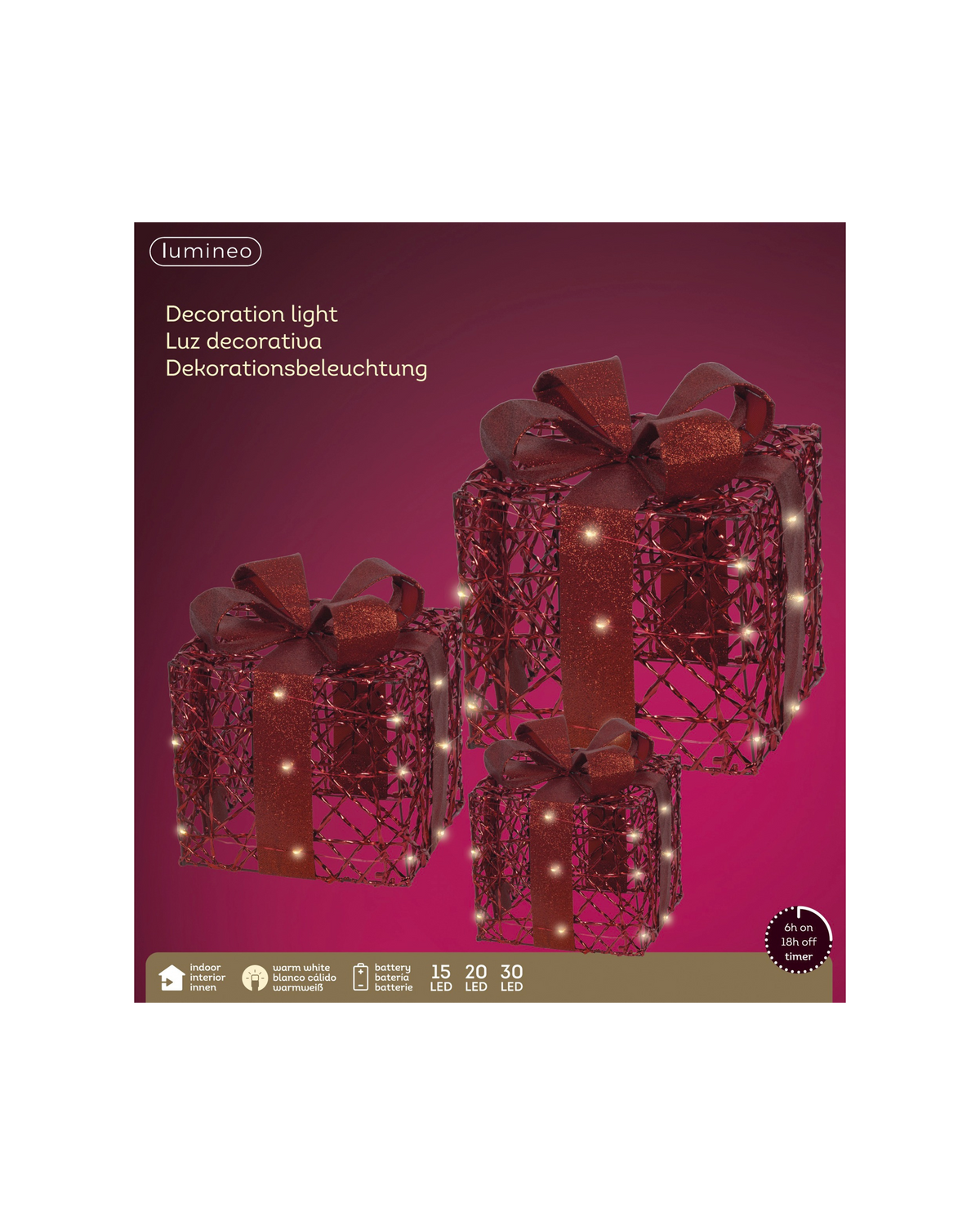 LED cadeaudoosjes metaal, set van 3, kerstrood