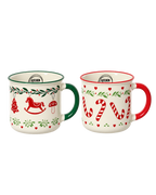 Mokken porselein met gekleurde rand, set van 2, crèmewit met dennengroen en kerstrood