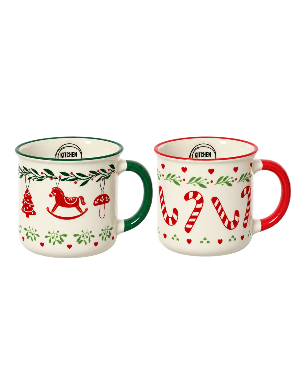 Mokken porselein met gekleurde rand, set van 2, crèmewit met dennengroen en kerstrood