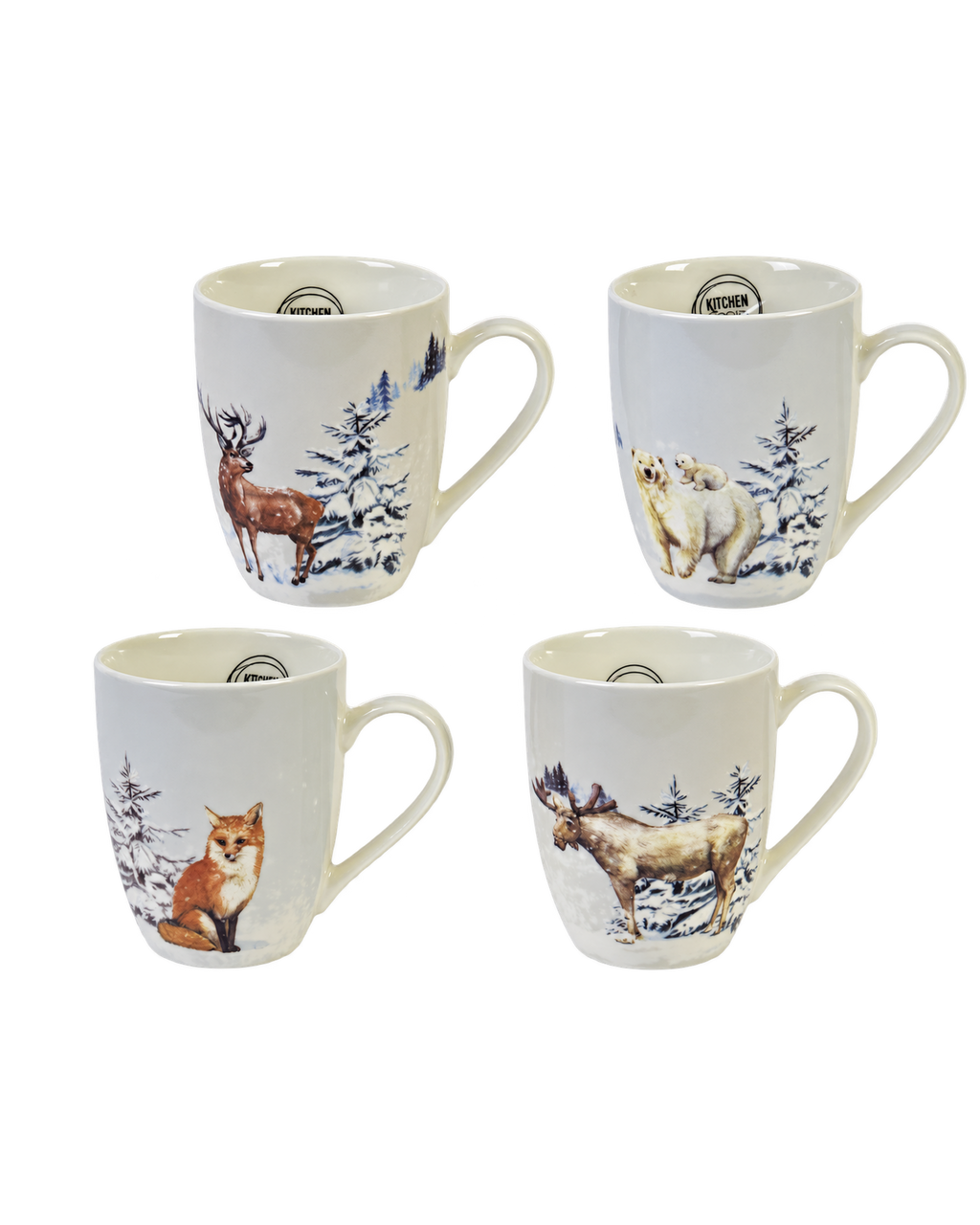 Mokken porselein met winterdieren, set van 4, crèmewit