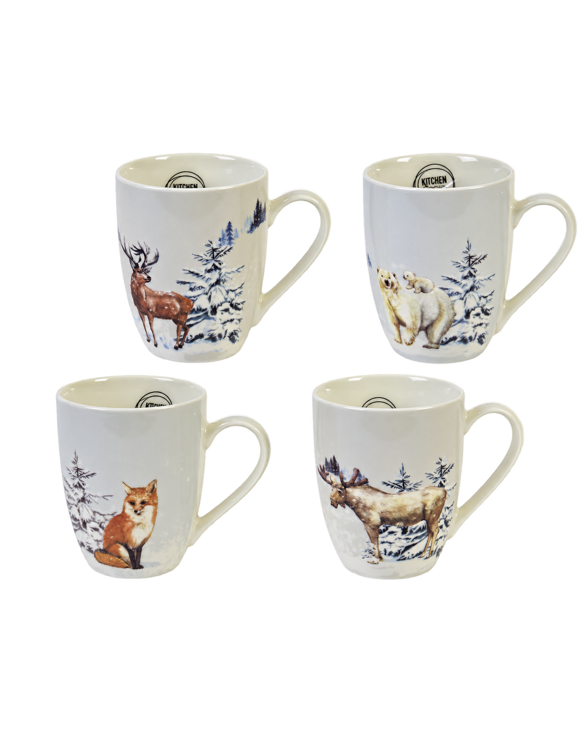 Mokken porselein met winterdieren, set van 4, crèmewit