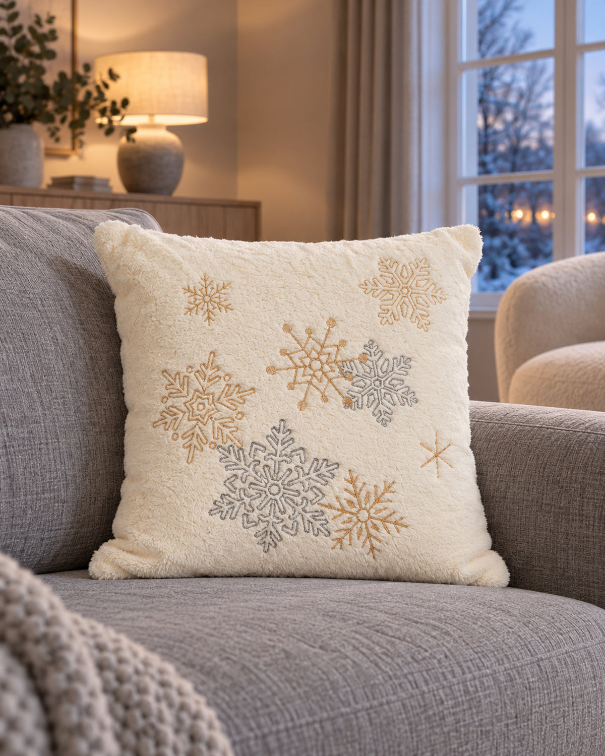 Kussen met borduursel, sneeuwvlokken, wit met goud en zilver