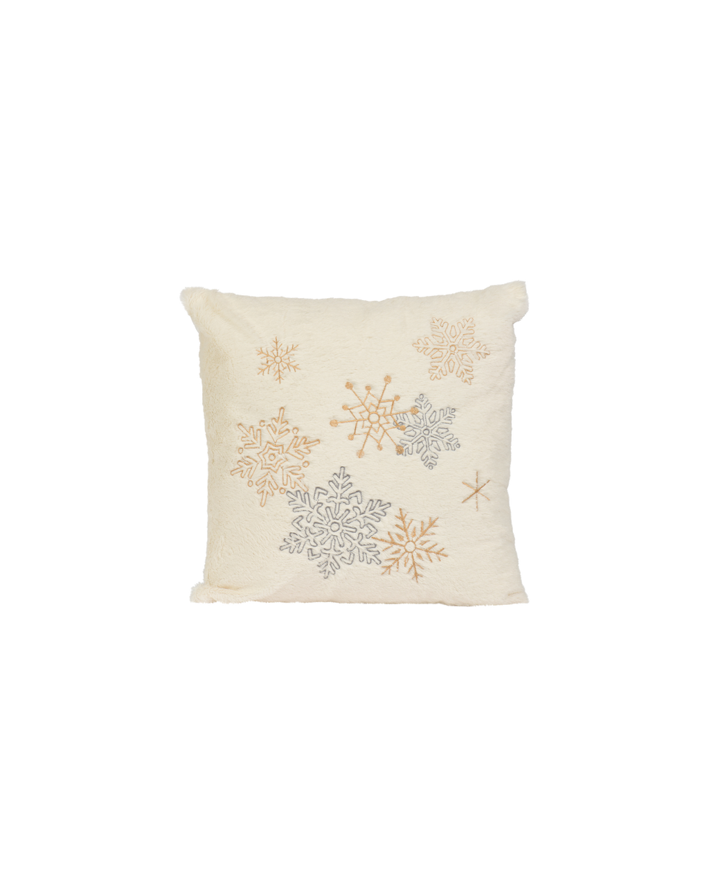 Kussen met borduursel, sneeuwvlokken, wit met goud en zilver
