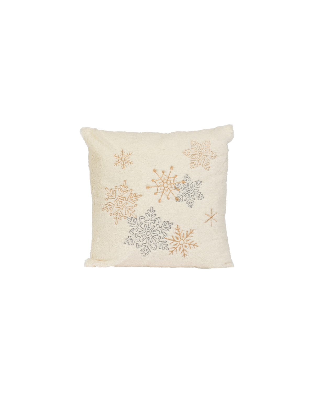 Kussen met borduursel, sneeuwvlokken, wit met goud en zilver