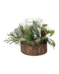 Theelichthouder glas met dennenappels en eucalyptus, hout met groen