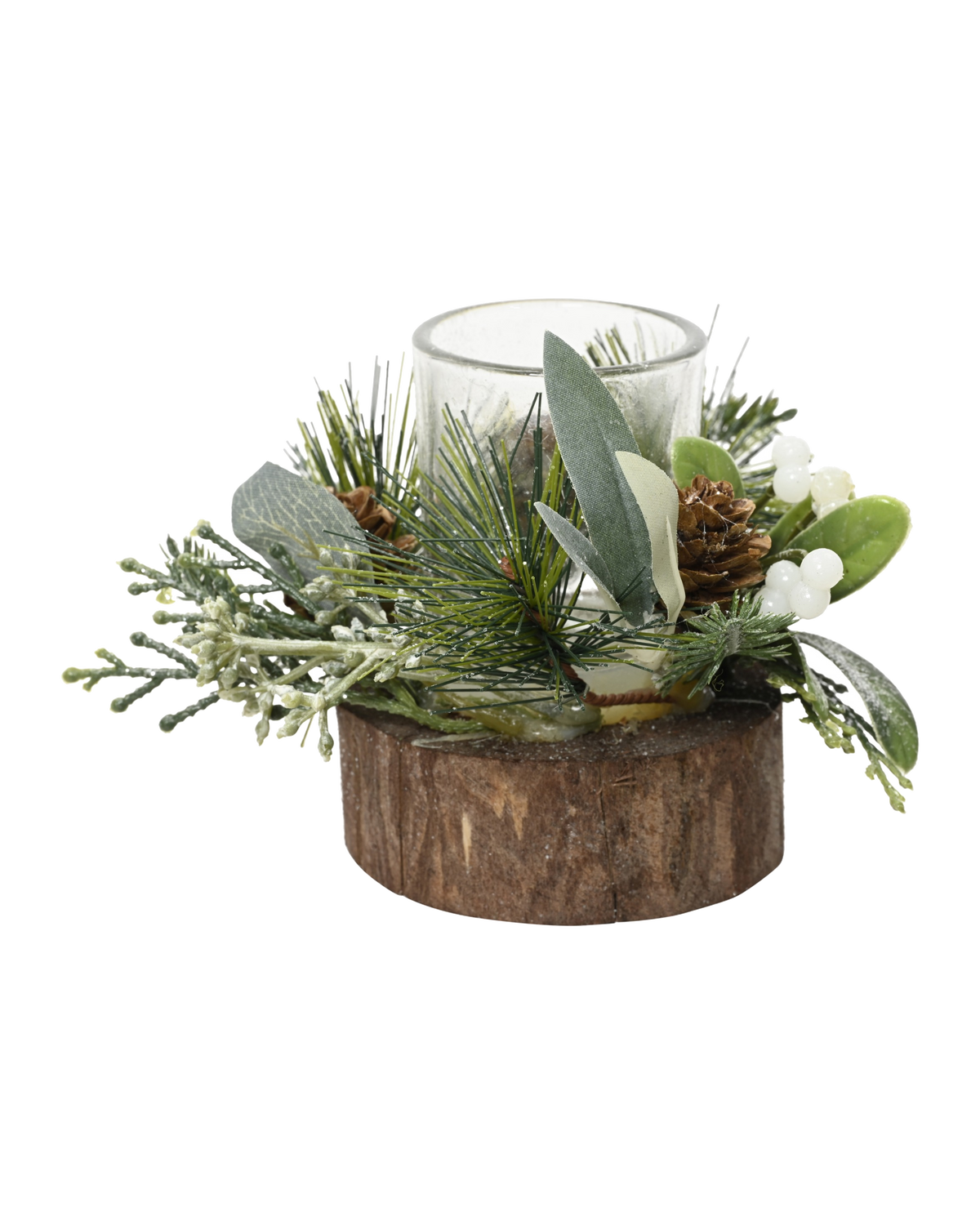 Theelichthouder glas met dennenappels en eucalyptus, hout met groen