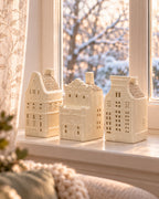 Theelichthouders keramiek huisjes met glitterdak, set van 3, crèmewit