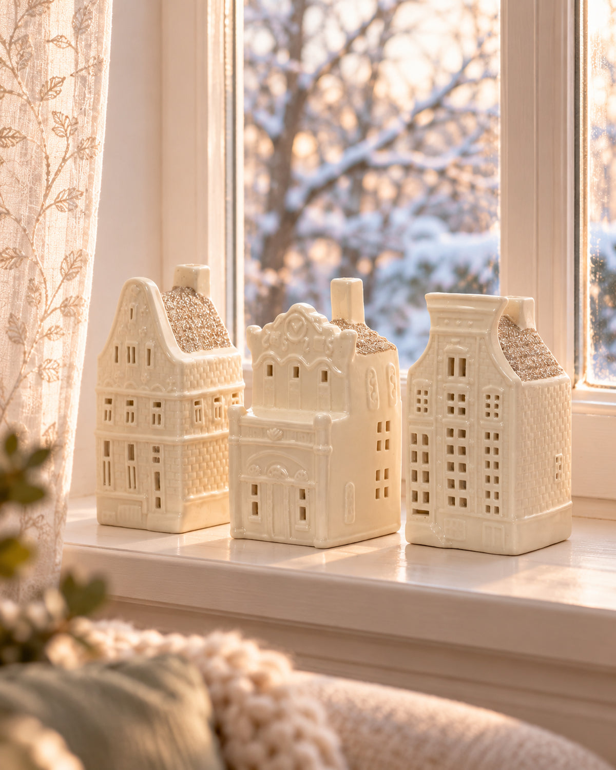Theelichthouders keramiek huisjes met glitterdak, set van 3, crèmewit