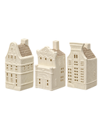Theelichthouders keramiek huisjes met glitterdak, set van 3, crèmewit