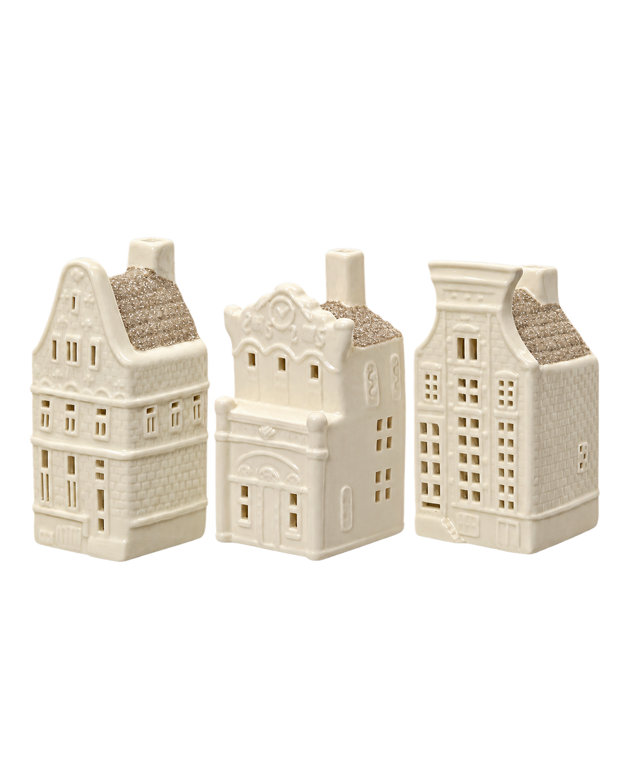 Theelichthouders keramiek huisjes met glitterdak, set van 3, crèmewit
