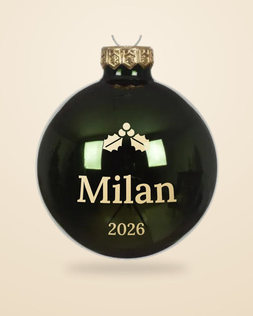 Gepersonaliseerde kerstbal met naam, dennengroen met goud